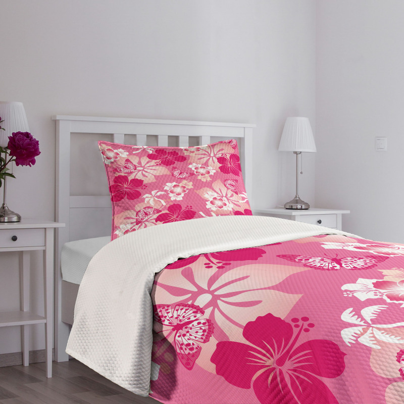 Pink Hibiscus Butterflies Bedspread Set