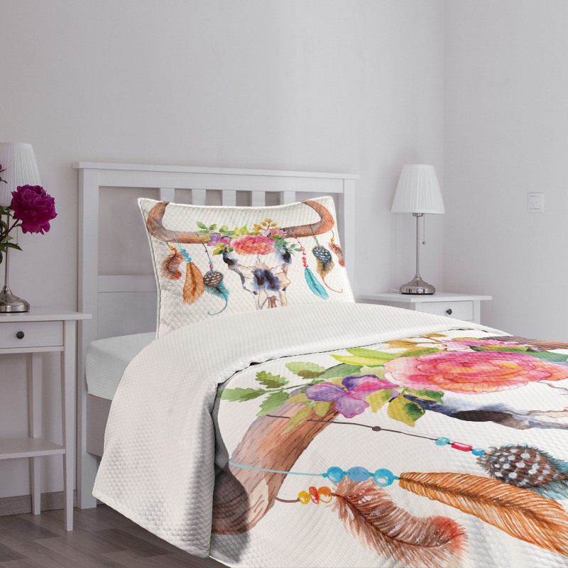 Bull Skull Boho Plant Bedspread Set