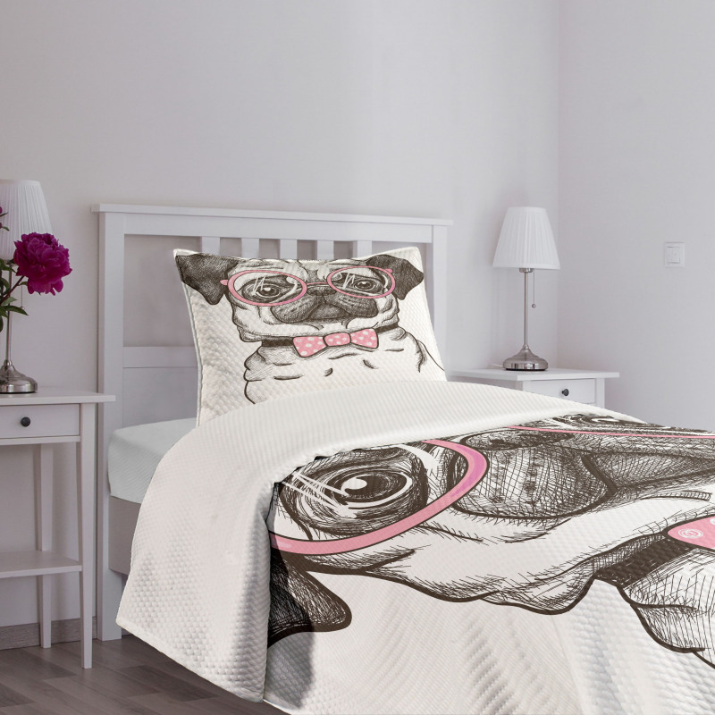 Pug with Bow Glasses Bedspread Set