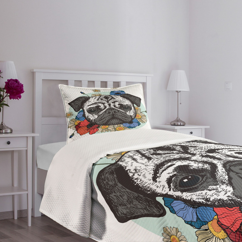 Black and White Head of Dog Bedspread Set