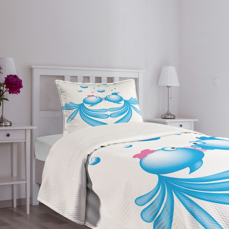 Blue Cartoon Fishes Heart Bedspread Set