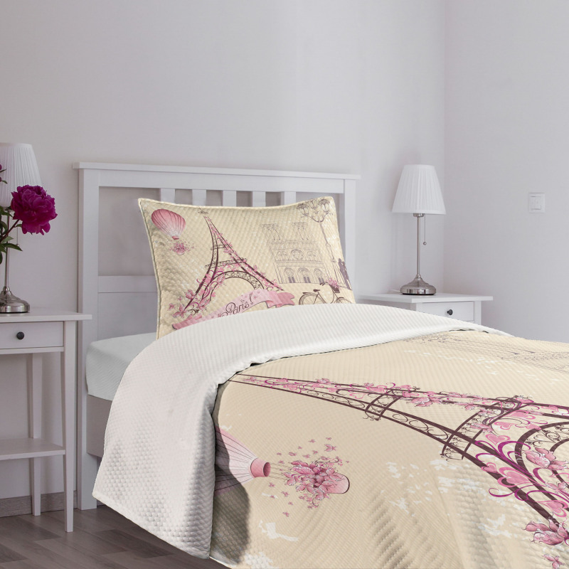 Floral Paris Eiffel Bedspread Set