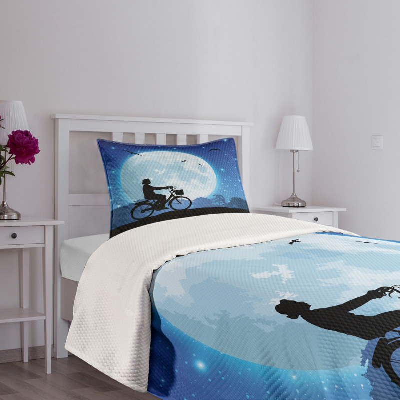 Person Rides Bicycle Night Bedspread Set