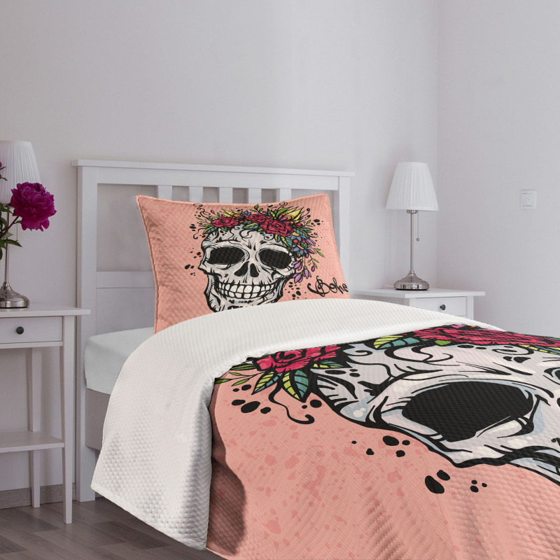 Skull Boho Floral Wreath Bedspread Set