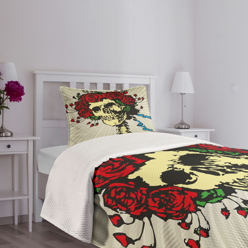 Skull in Red Flowers Crown Bedspread Set