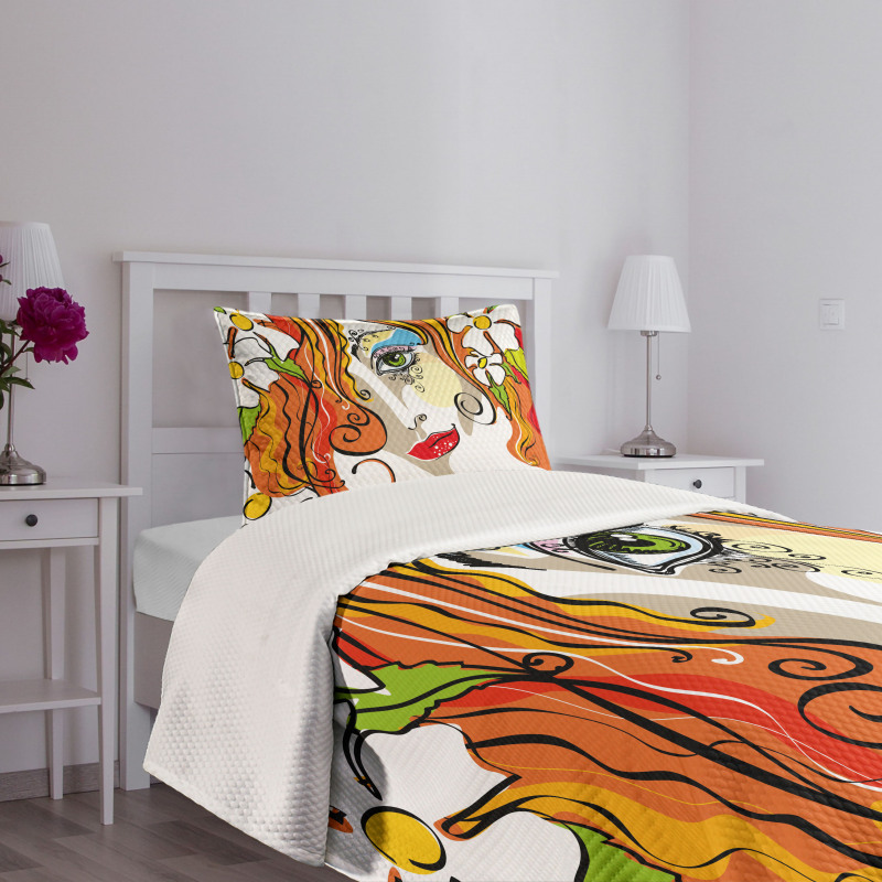 Woman Red Hair Floral Bedspread Set