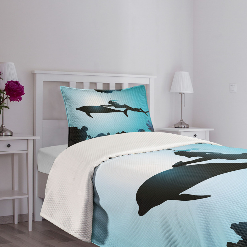 Diver Girl with Dolphin Bedspread Set