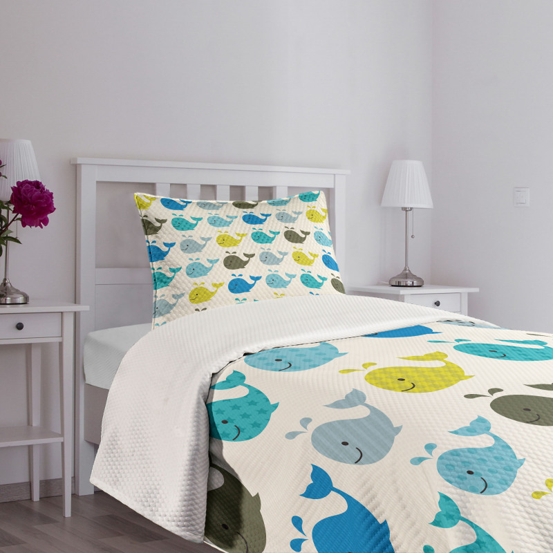 Colorful Whales Animals Bedspread Set