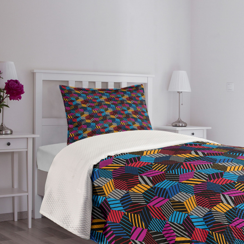 3D Cube Stripes Style Bedspread Set