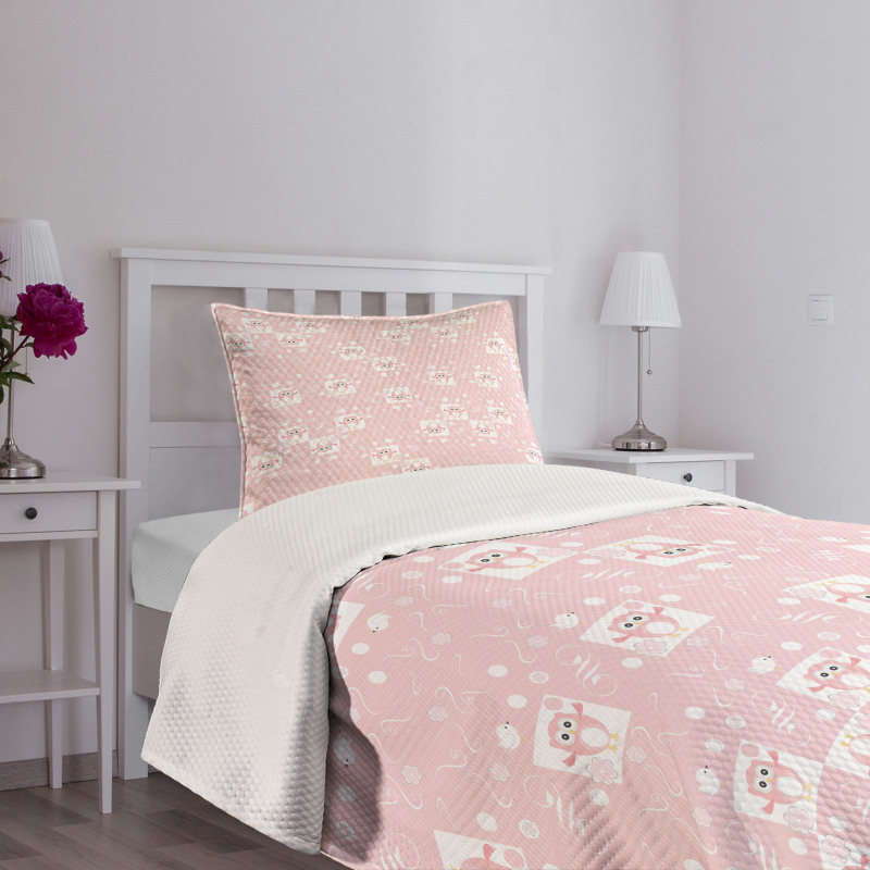 Pink Owls Birds Floral Bedspread Set