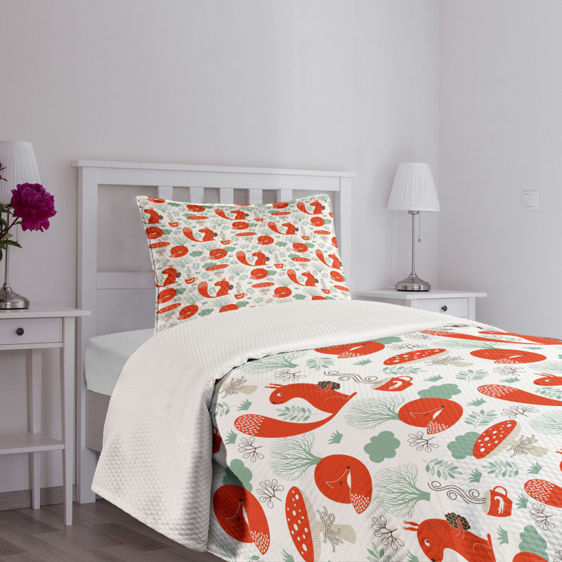 Squirrel Fox Fungus Tea Bedspread Set