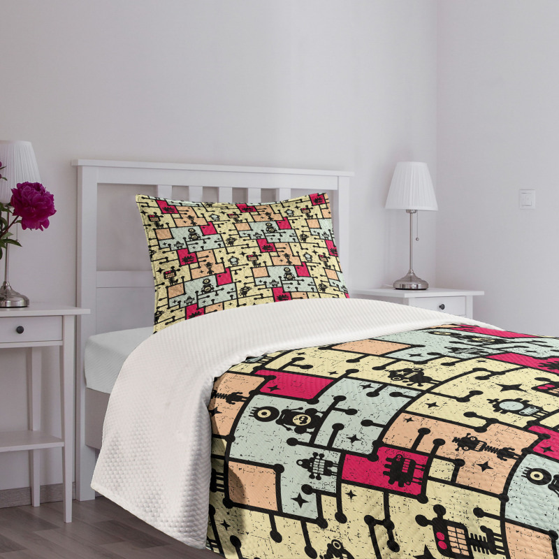 Robots on Grid Squares Bedspread Set