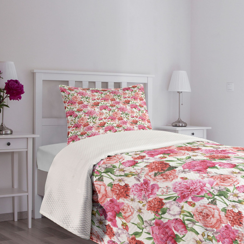 Pink Peonies Roses Bedspread Set