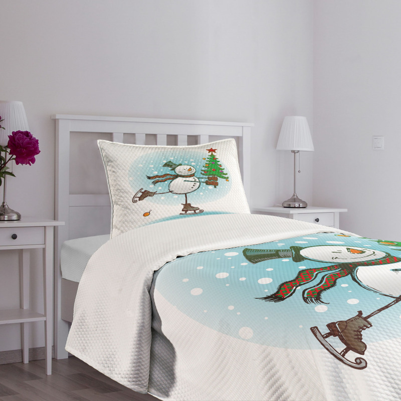 Skating Xmas Tree Snow Bedspread Set