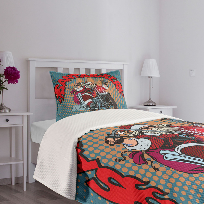 Pop Art Retro Biker Santa Bedspread Set