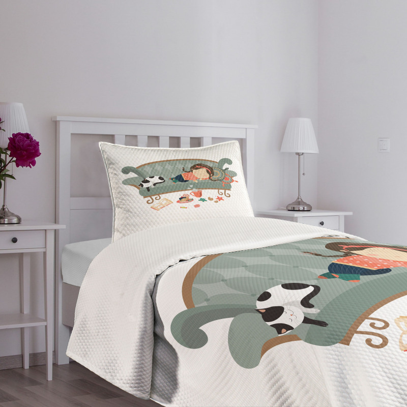 Sleeping Girl with Cat Bedspread Set