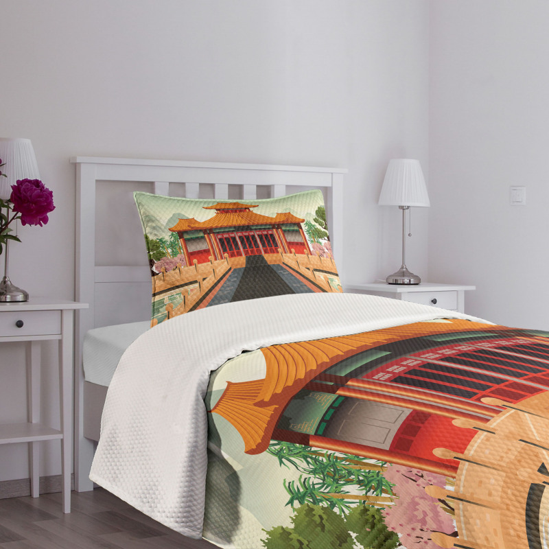 Chinese Building Asia Bedspread Set