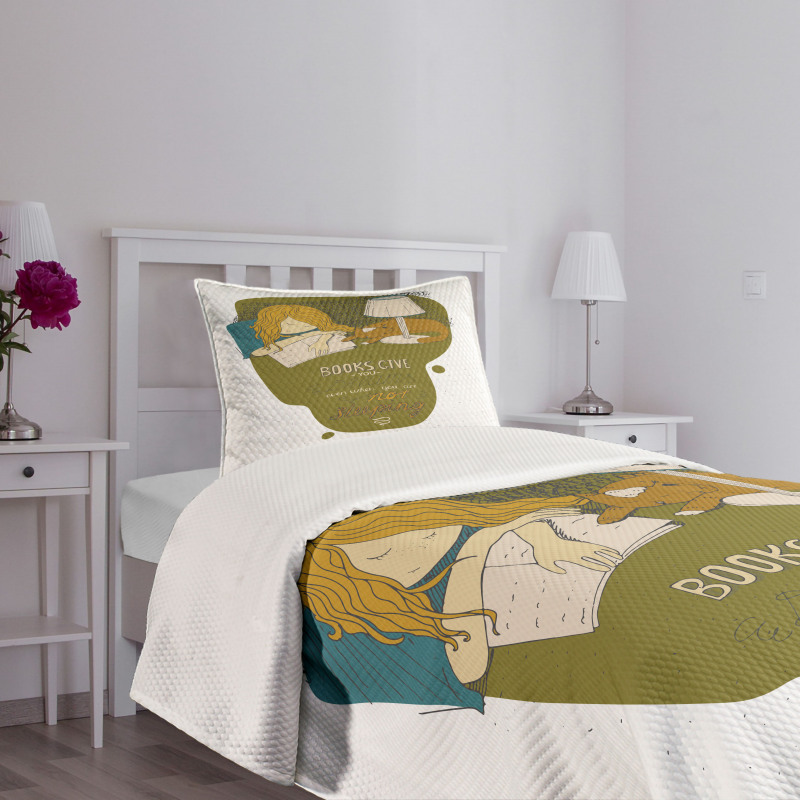 Girl and Cat Sleep on Book Bedspread Set