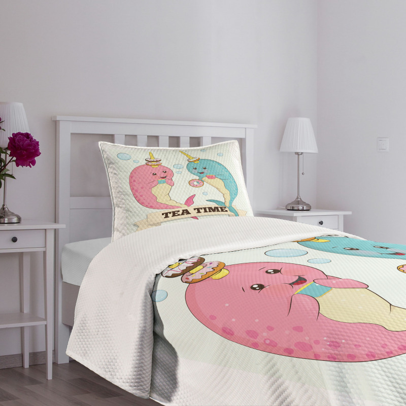 Tea Drinking Whales Bedspread Set