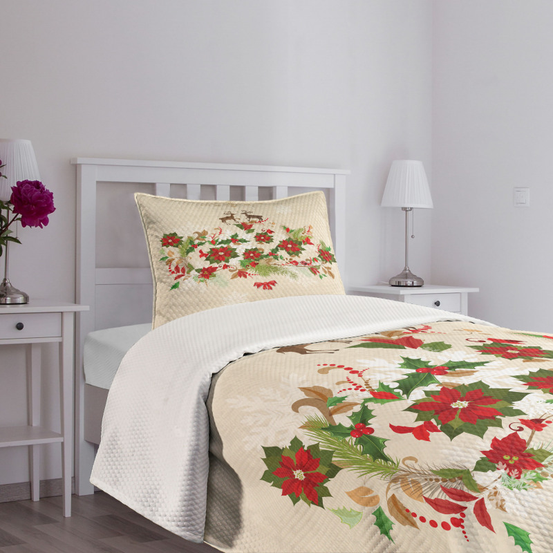 Flower Reindeer Motif Bedspread Set