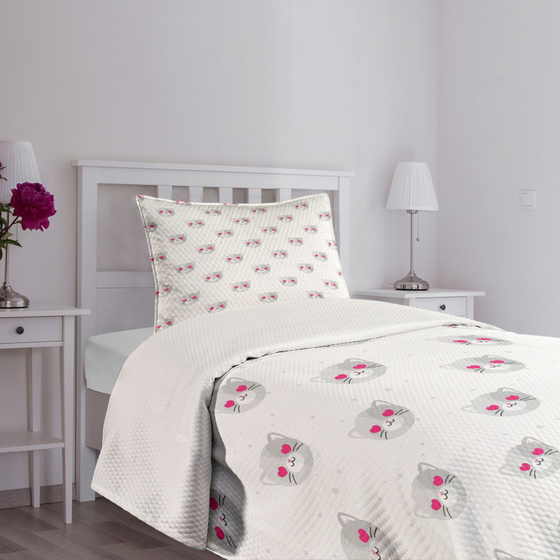 Kitty Faces Pink Hearts Bedspread Set