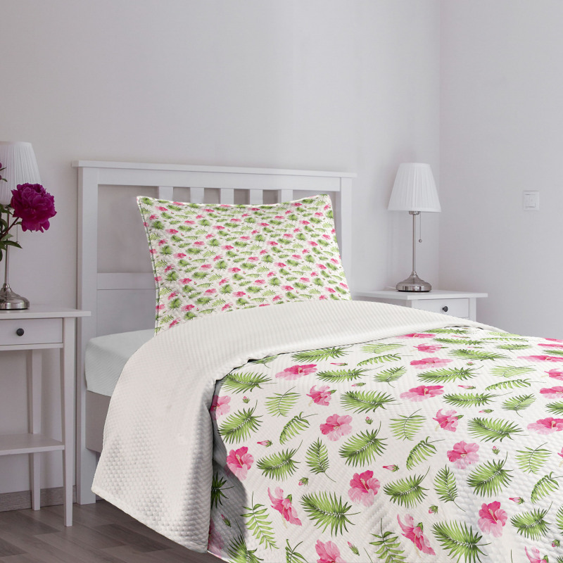 Pink Hibiscus Palm Bedspread Set