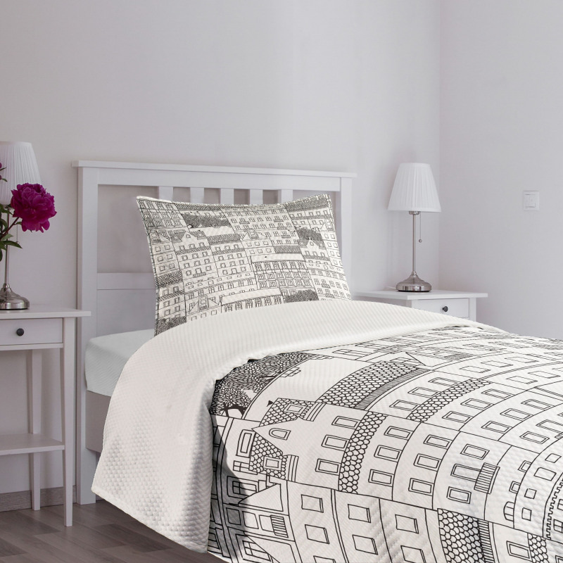 Hand Drawn Houses Town Bedspread Set