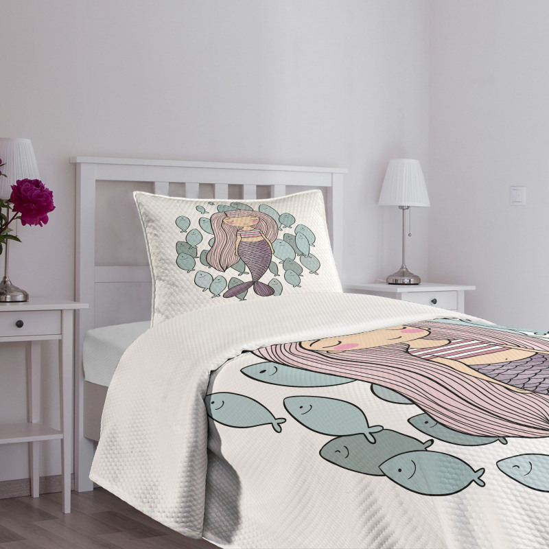 Cartoon Girl with Fish Bedspread Set