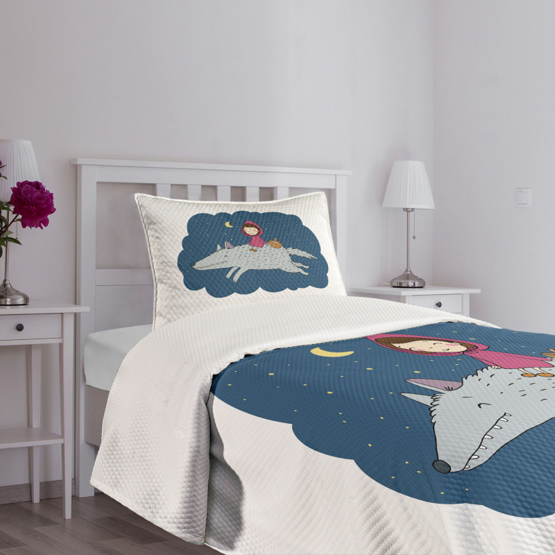 Cartoon Girl on Giant Wolf Bedspread Set