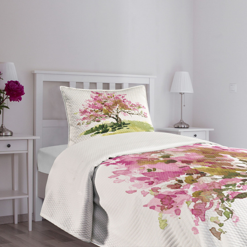 Watercolor Sakura Leaves Bedspread Set