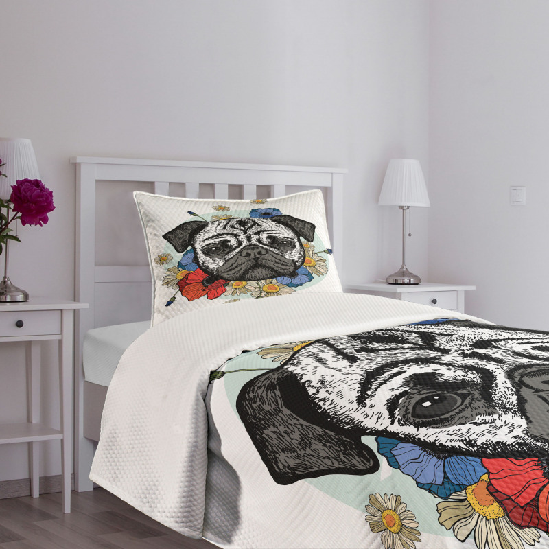 Dog Sketch with Flowers Bedspread Set