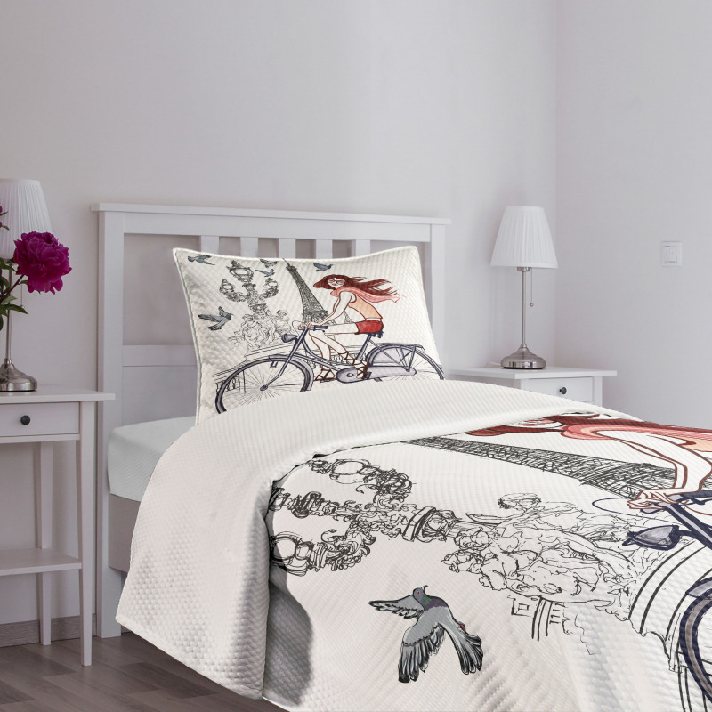 Woman on Bike Eiffel Bedspread Set