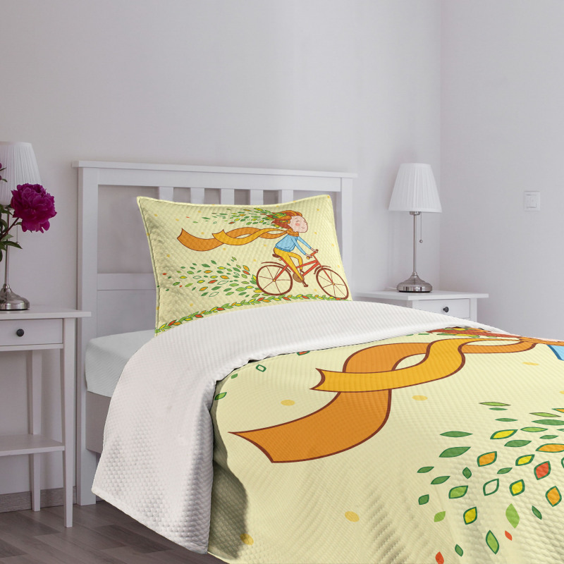 Girl Bike Autumn Leaves Bedspread Set