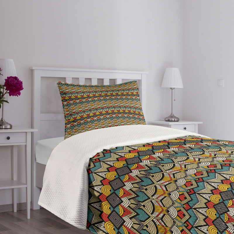 Retro Grunge Geometric Bedspread Set