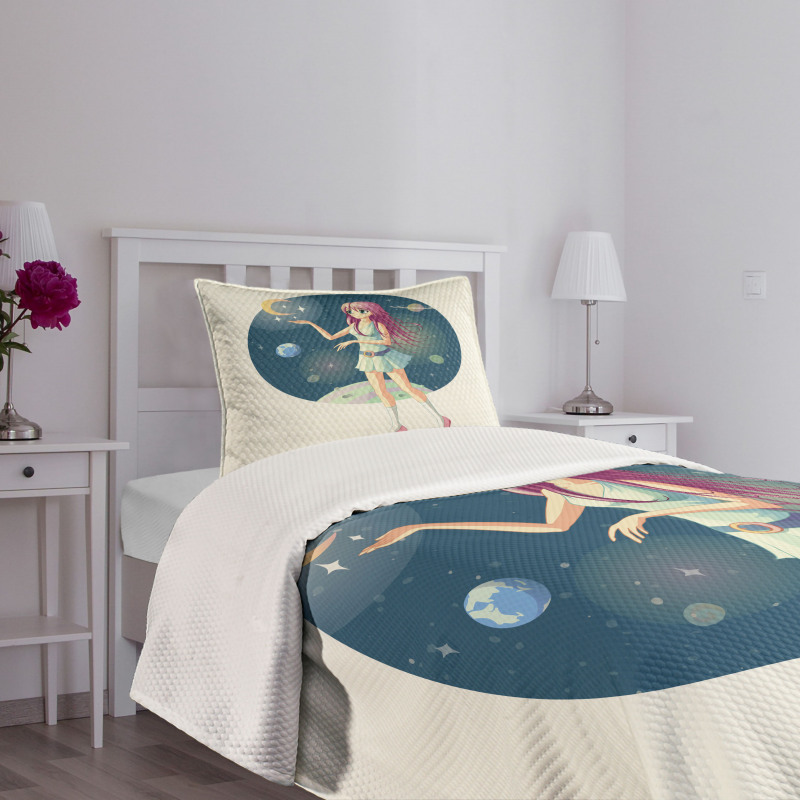 Girl with Stars in Space Bedspread Set