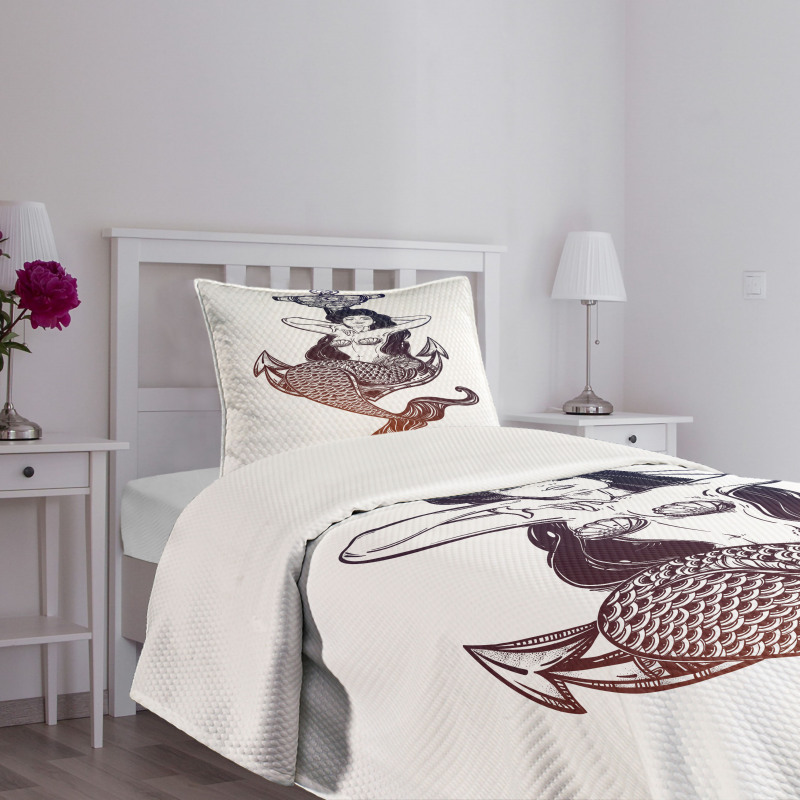 Monochrome Mermaid Motif Bedspread Set