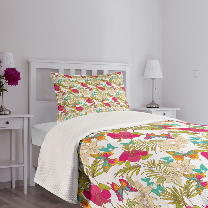 Tropical Flowers Leaves Bedspread Set