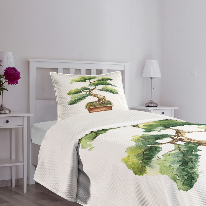 Watercolor Bonsai Hand Drawn Bedspread Set