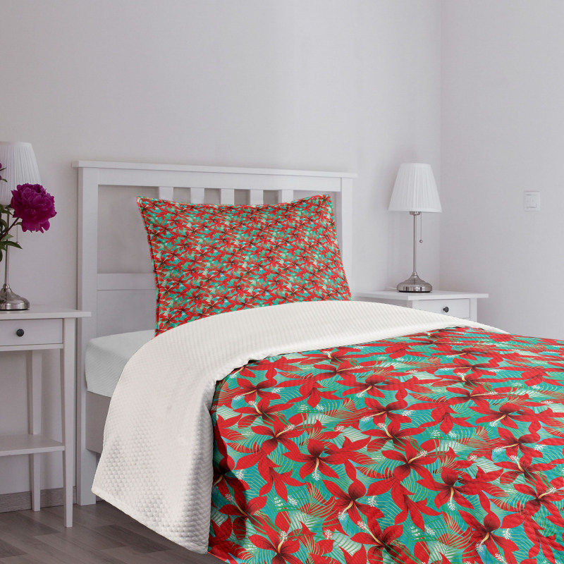 Red Hibiscus Flowers Bedspread Set