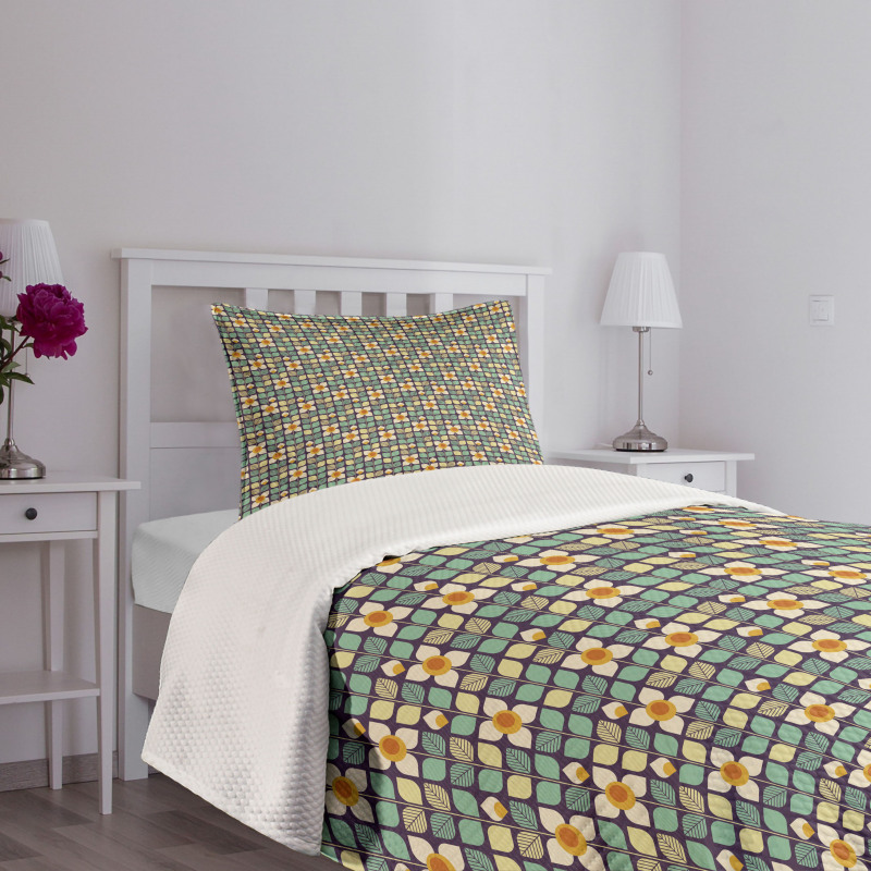 Grid Petals Leaves Stems Bedspread Set