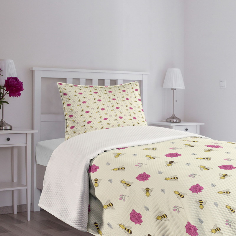 Hand-Drawn Bees Rose Buds Bedspread Set