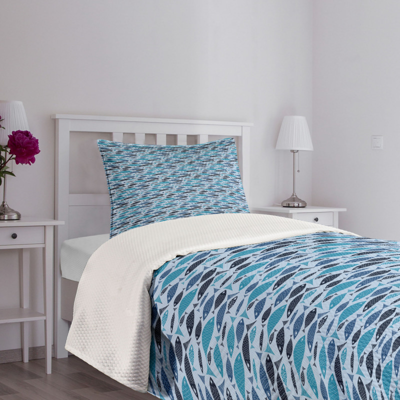 Graphic Fish Silhouettes Bedspread Set
