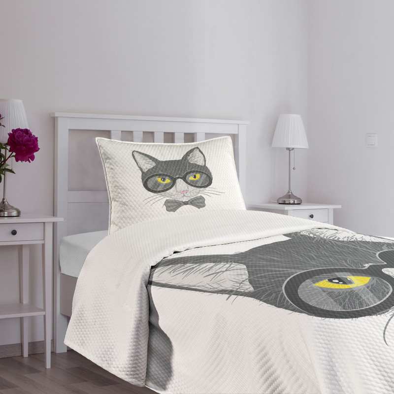 Greyscale Cat with Bowtie Bedspread Set