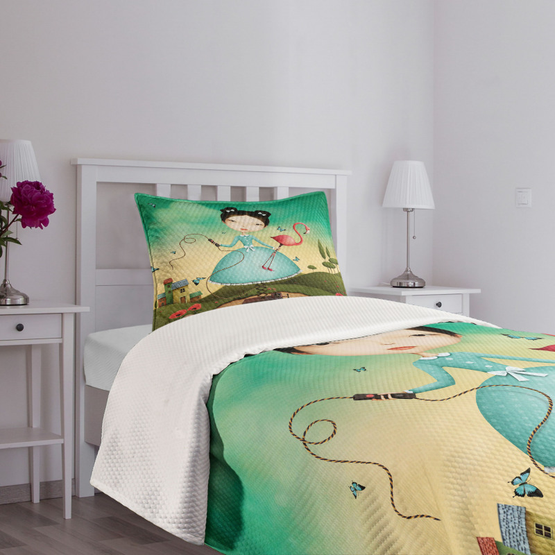 Girl and Flamingo Toy Bedspread Set