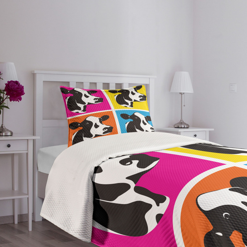 Pop Art Cow Heads Image Bedspread Set