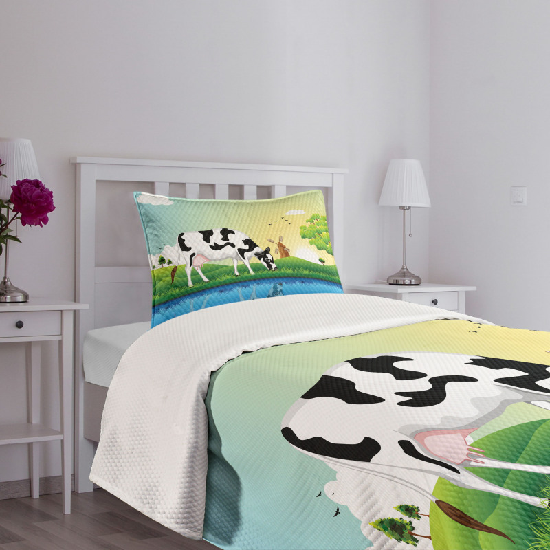 Field Tree Lake Windmill Bedspread Set