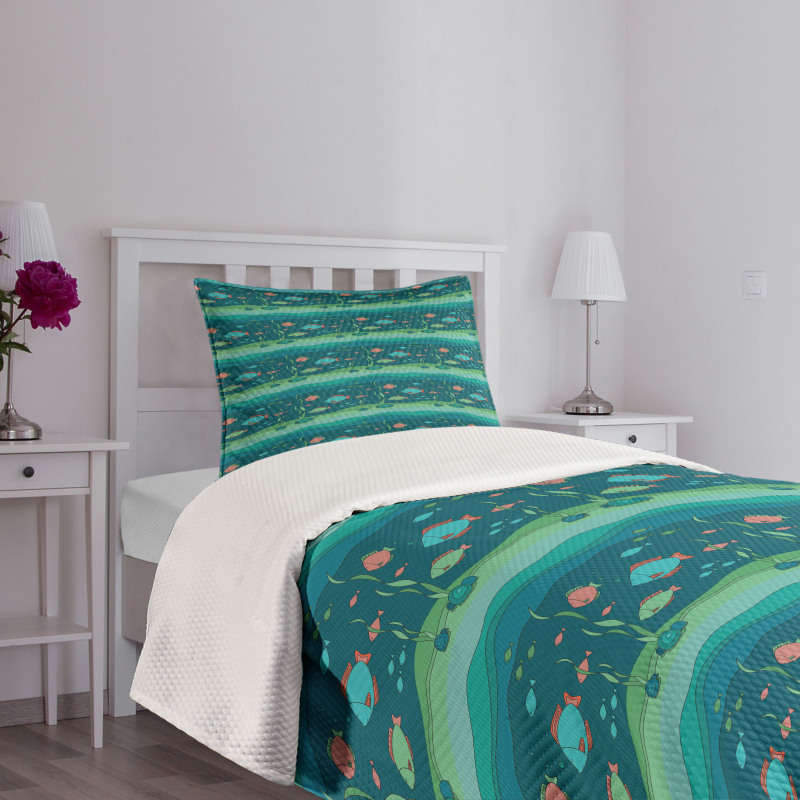 Cartoon Ocean Composition Bedspread Set