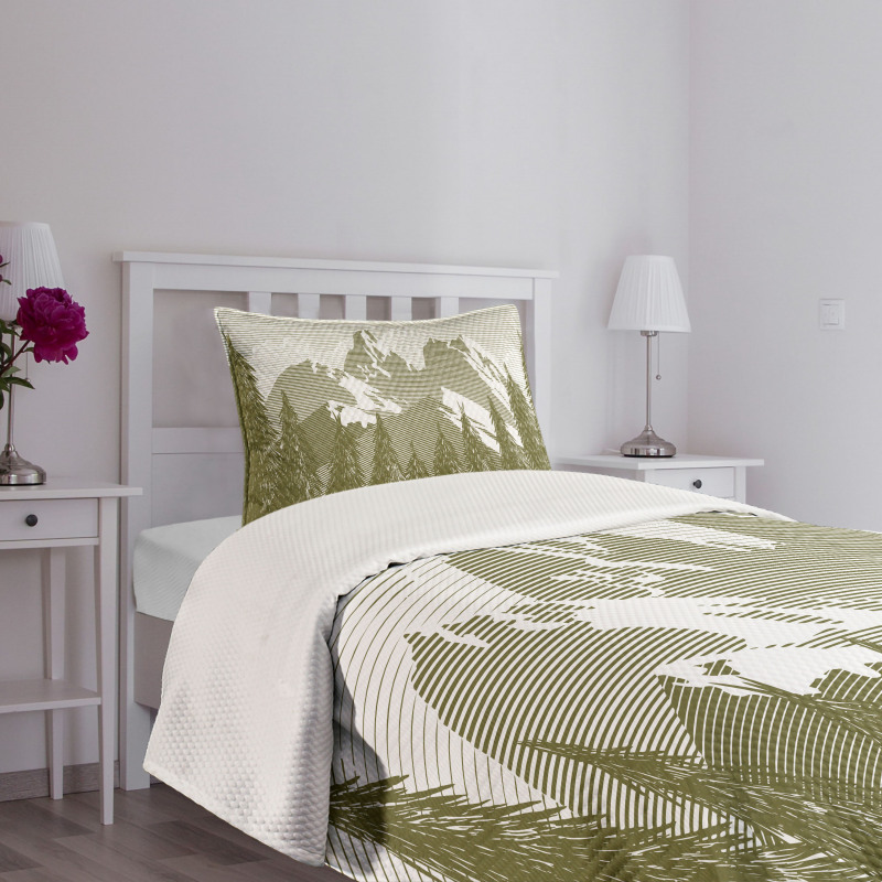 Woodcut Style Mountain Land Bedspread Set