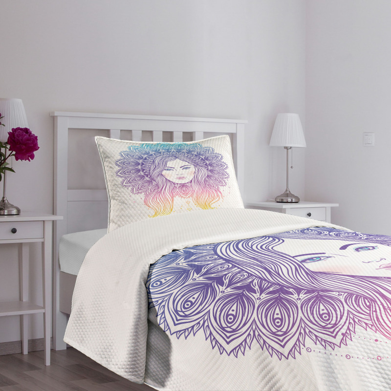 Boho Girl Feather Mandala Bedspread Set