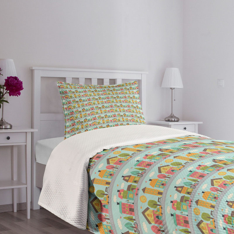 Small Town Street Houses Bedspread Set